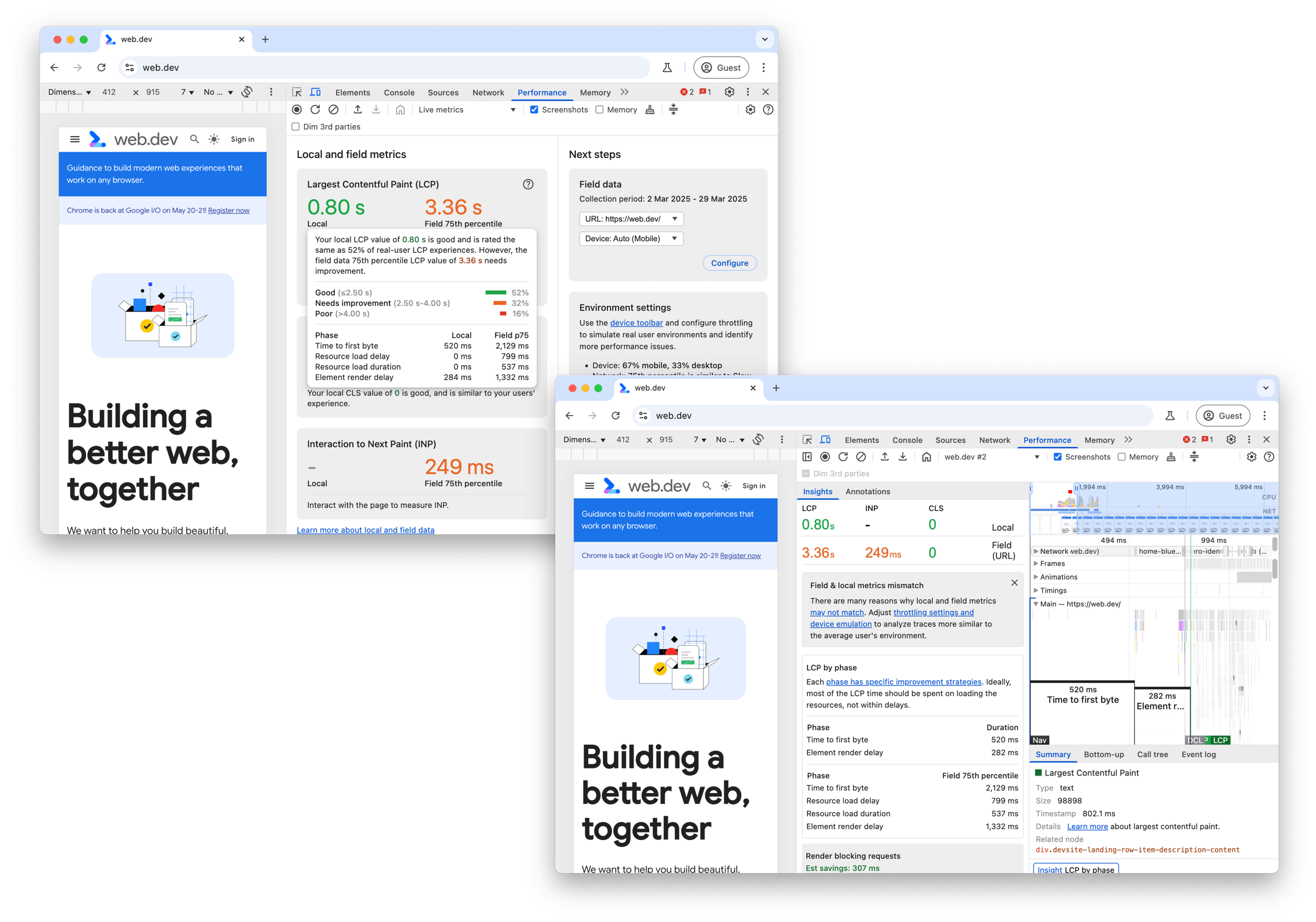 Chrome DevTools Performans panelinde yerel ve alan LCP'si