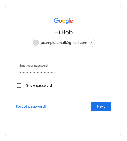 Google साइन-इन फ़ॉर्म, जिसमें पासवर्ड दिखाने वाला टॉगल और &#39;पासवर्ड भूल गए&#39; लिंक दिखाया गया है.
