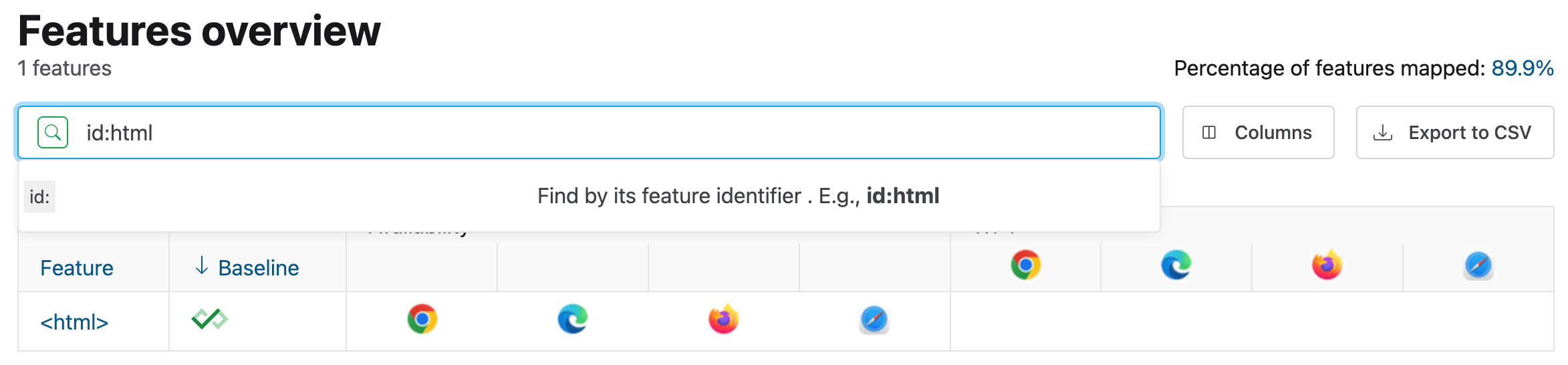 Arama kutusunda kimlik parametresini kullanarak özelliğe göre destek sorgulamanın nasıl yapıldığını gösteren Web Platformu durum kontrol paneli.