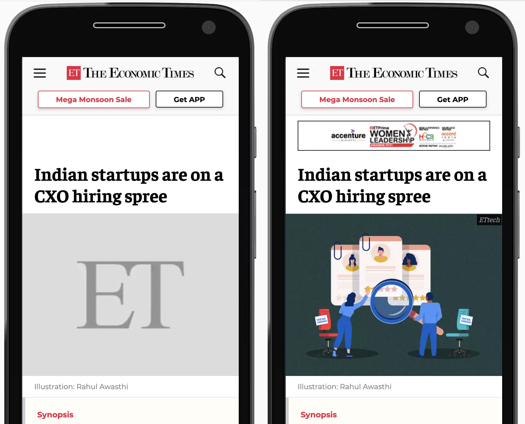 スマートフォンに表示された The Economic Times ウェブサイトの並べ替え比較。左側には、記事のヒーロー画像用にグレーのプレースホルダが予約されています。右側では、プレースホルダが読み込まれた画像に置き換えられています。